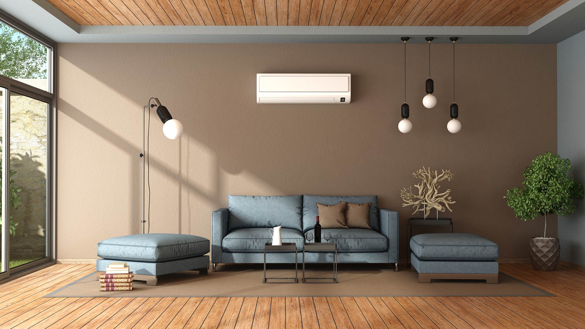 blue and brown living room with modern furniture and air conditioner brooklyn ny